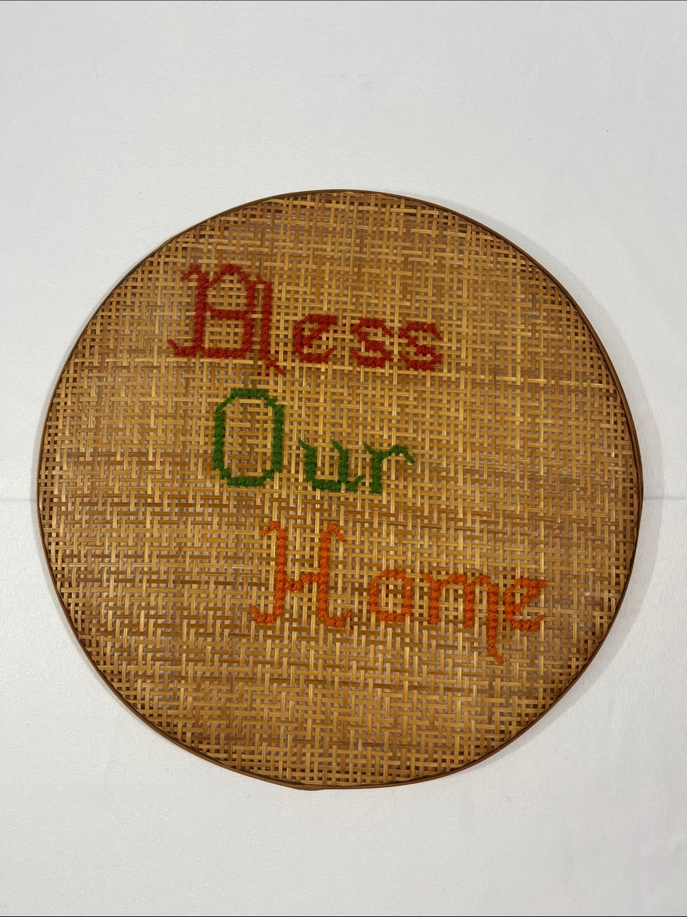 70s Handmade 'Bless Our Home' Wall Hanging - Red, Green, Orange, Tan